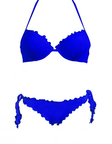Bikini frou frou blue oltremare composto da reggiseno super push up e slip o brasiliana con lacci