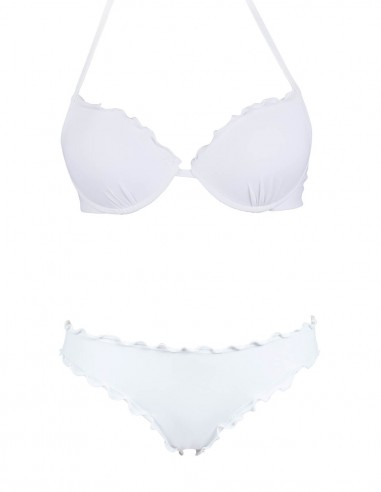 Bikini frou frou bianco composto da super push up e slip o brasiliana senza lacci